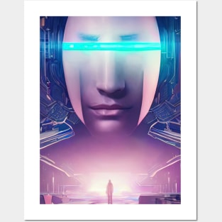 Girl face in futuristic cyberpunk style in neon colors Posters and Art